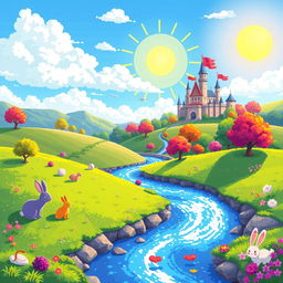 A vibrant and colorful pixel art scene featuring a whimsical fantasy landscape with rolling hills, a bright blue sky filled with fluffy clouds, a sparkling river flowing through the foreground, and cute, pixelated animals such as rabbits and birds