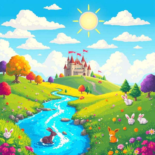 A vibrant and colorful pixel art scene featuring a whimsical fantasy landscape with rolling hills, a bright blue sky filled with fluffy clouds, a sparkling river flowing through the foreground, and cute, pixelated animals such as rabbits and birds