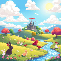 A vibrant and colorful pixel art scene featuring a whimsical fantasy landscape with rolling hills, a bright blue sky filled with fluffy clouds, a sparkling river flowing through the foreground, and cute, pixelated animals such as rabbits and birds