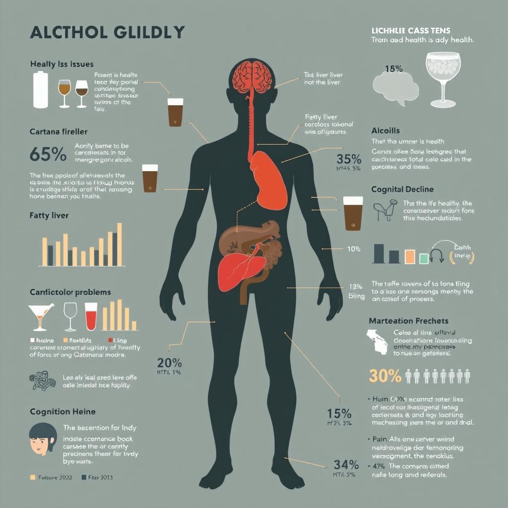 A detailed and informative illustration depicting the effects of alcohol consumption on body health