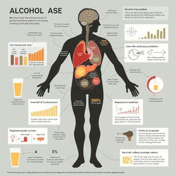 A detailed and informative illustration depicting the effects of alcohol consumption on body health
