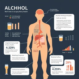A detailed and informative illustration depicting the effects of alcohol consumption on body health