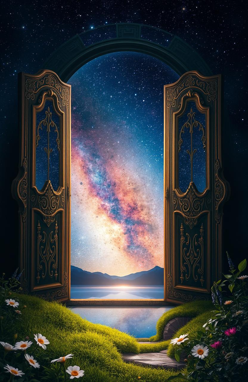A mystical night scene where the door to the sky is wide open, revealing a stunning celestial landscape filled with sparkling stars and a vibrant galaxy