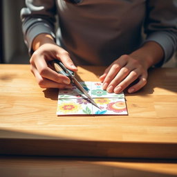 A pair of hands carefully cutting a piece of paper into four equal sections using scissors on a wooden table