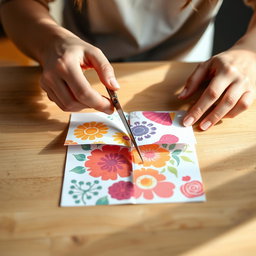 A pair of hands carefully cutting a piece of paper into four equal sections using scissors on a wooden table