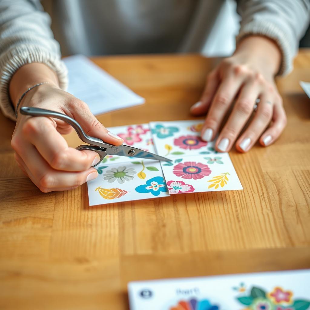 A pair of hands carefully cutting a piece of paper into four equal sections using scissors on a wooden table