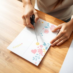 A pair of hands carefully cutting a piece of paper into four equal sections using scissors on a wooden table