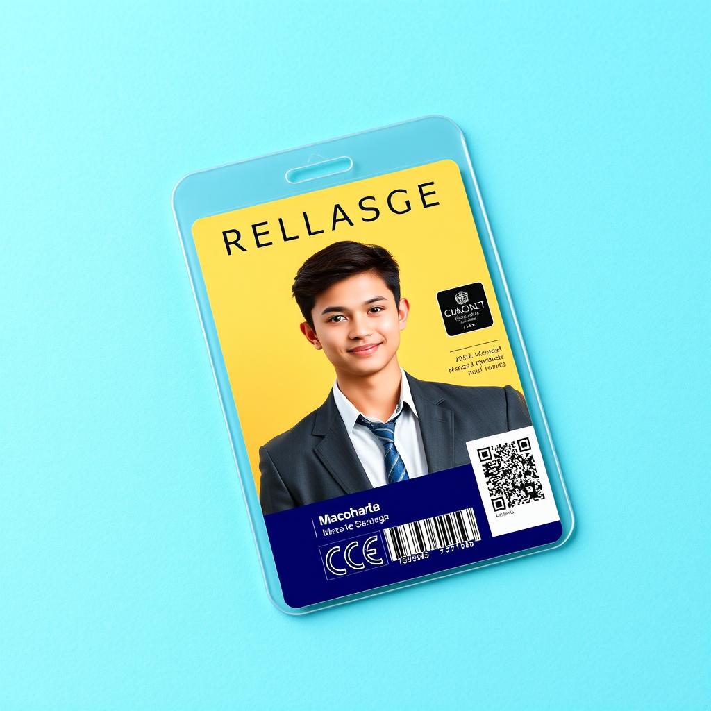 A realistic representation of a laminated printed ID card, showcasing a vibrant background with professional design elements