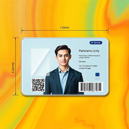 A realistic representation of a laminated printed ID card, showcasing a vibrant background with professional design elements