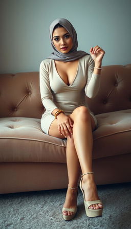 A MILF teacher, 40 years old, with white skin and a perfect body, showcasing confidence in high platform tied heels