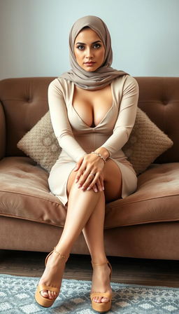A MILF teacher, 40 years old, with white skin and a perfect body, showcasing confidence in high platform tied heels
