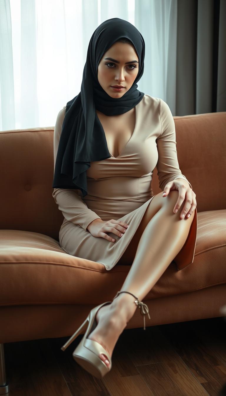 A MILF teacher, 40 years old, with white skin and a busty body, elegantly dressed in high platform tied heels