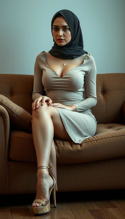 A MILF teacher, 40 years old, with white skin and a busty body, elegantly dressed in high platform tied heels