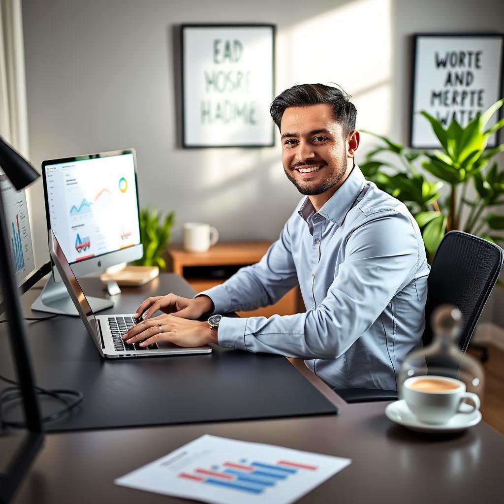 A confident professional freelancer seated at a modern desk setup, working on a laptop