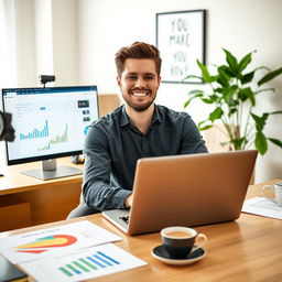 A confident professional freelancer seated at a modern desk setup, working on a laptop
