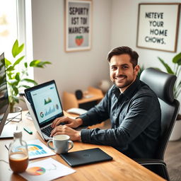 A confident professional freelancer seated at a modern desk setup, working on a laptop