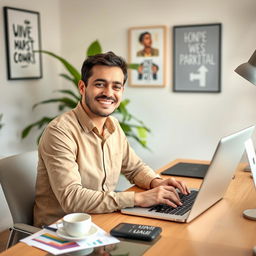 A confident professional freelancer seated at a modern desk setup, working on a laptop