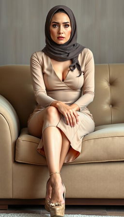 A 40-year-old MILF teacher with white skin and a skinny body, wearing high platform tied heels