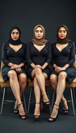 Three MILF teachers, each 40 years old, with white skin and slim bodies, elegantly dressed in high platform tied heels