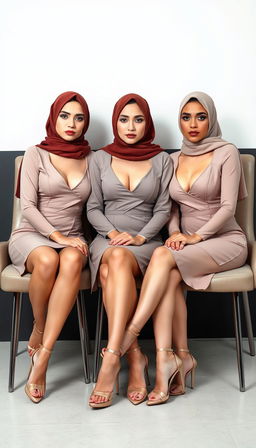 Three MILF teachers, each 40 years old, with white skin and slim bodies, elegantly dressed in high platform tied heels