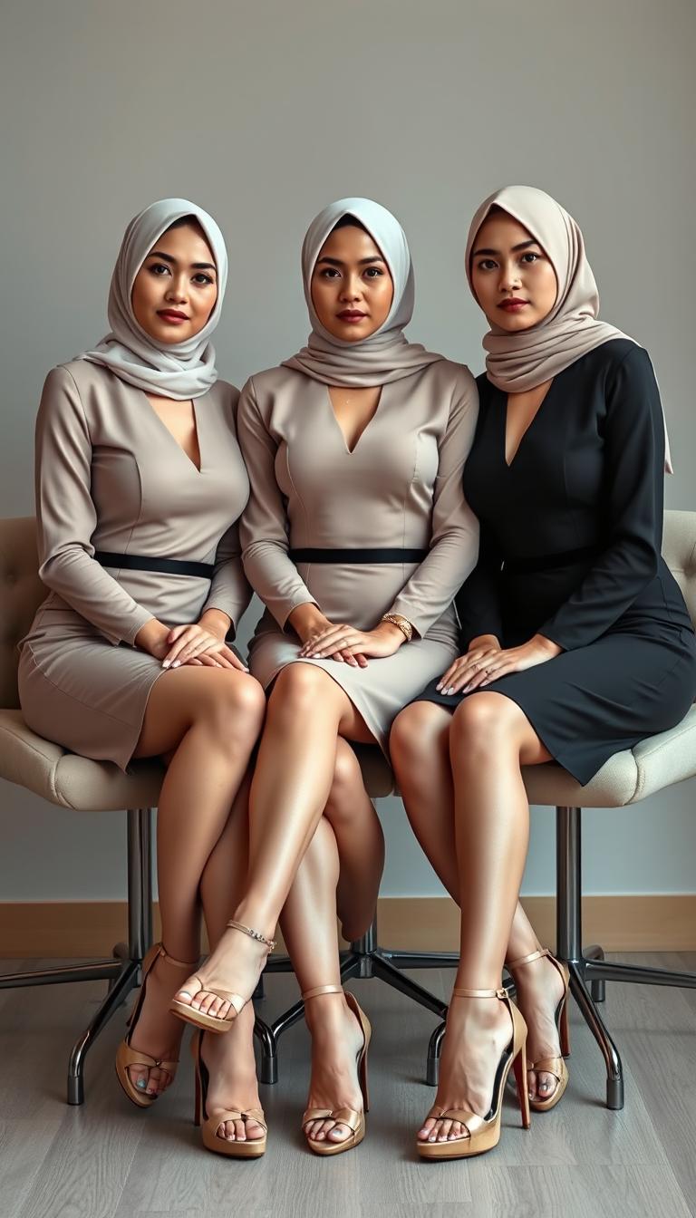 Three MILF teachers, each 40 years old, with white skin and slim bodies, elegantly dressed in high platform tied heels