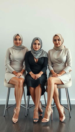 Three MILF teachers, each 40 years old, with white skin and slim bodies, elegantly dressed in high platform tied heels