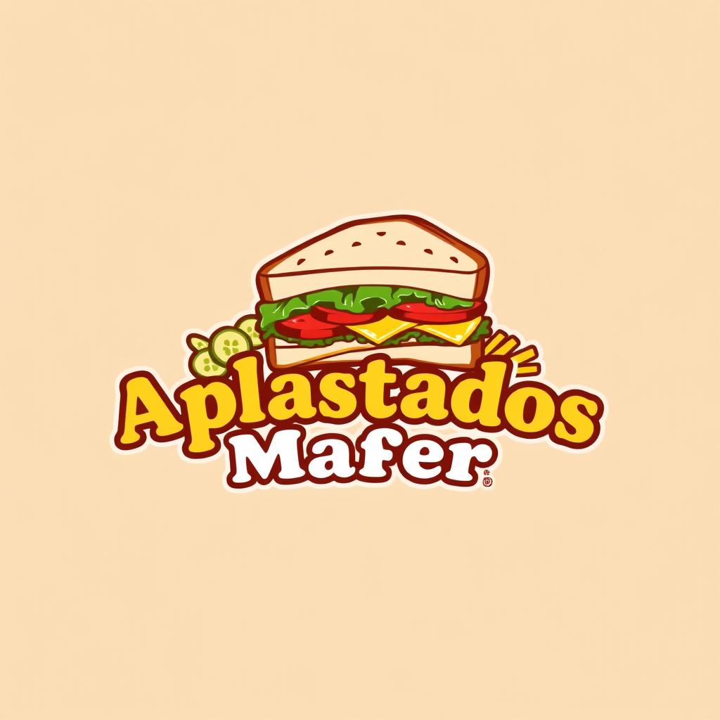 A vibrant logo for a sandwich company named 'Aplastados Mafer', featuring an illustration of a deliciously crafted sandwich stacked with layers of fresh ingredients like lettuce, tomato, and cheese