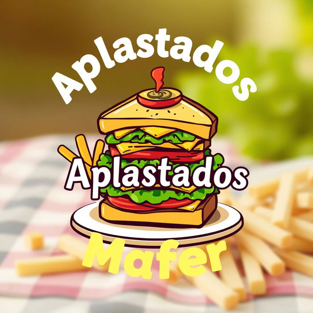 A vibrant logo for a sandwich company named 'Aplastados Mafer', featuring an illustration of a deliciously crafted sandwich stacked with layers of fresh ingredients like lettuce, tomato, and cheese