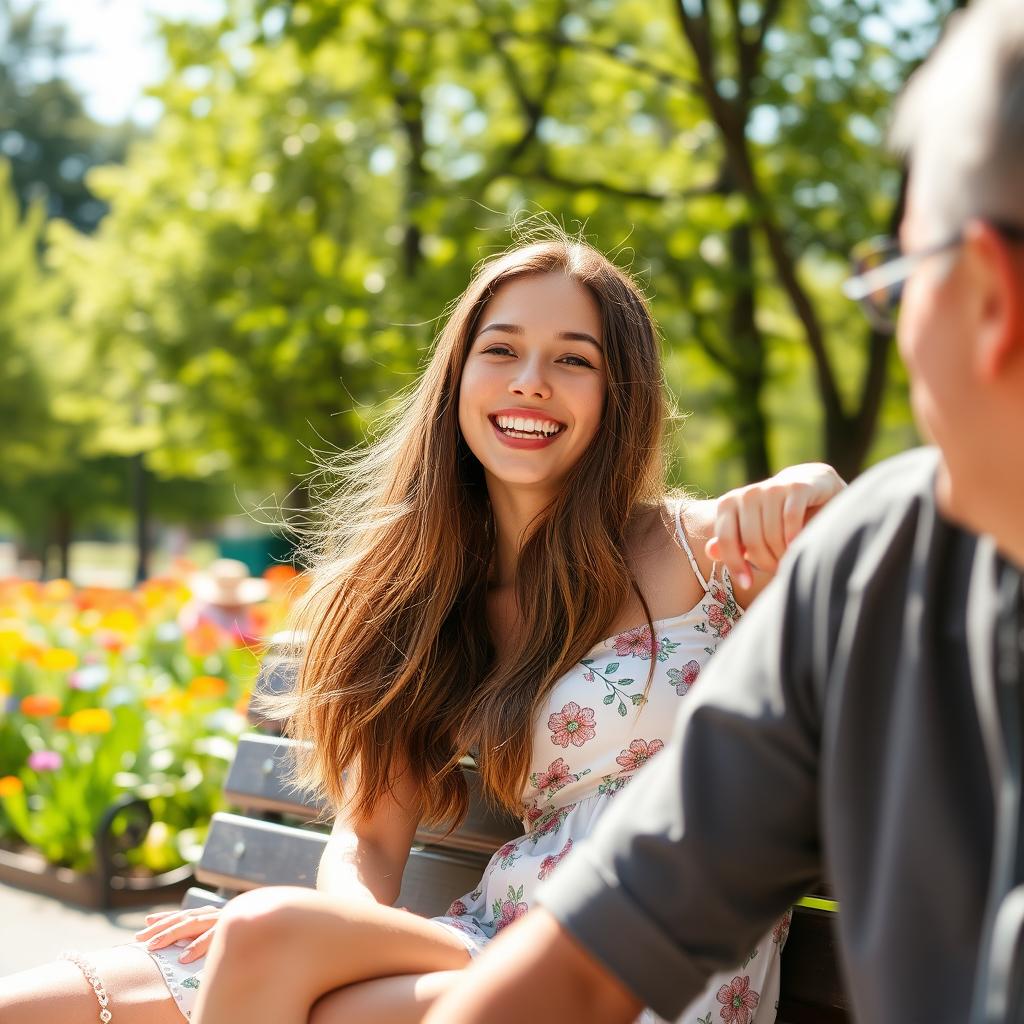 A young woman sitting next to a person on a park bench, smiling and enjoying the day