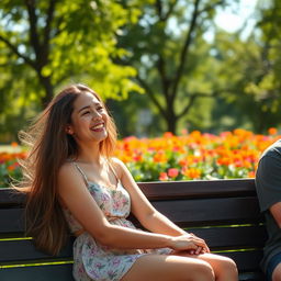 A young woman sitting next to a person on a park bench, smiling and enjoying the day