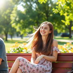 A young woman sitting next to a person on a park bench, smiling and enjoying the day