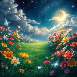 A stunning and realistic depiction of a celestial garden, filled with vibrant, colorful flowers that emit a soft glow