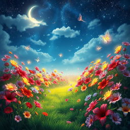 A stunning and realistic depiction of a celestial garden, filled with vibrant, colorful flowers that emit a soft glow