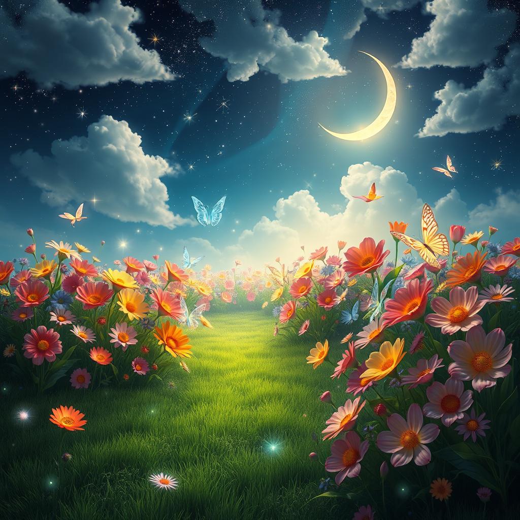 A stunning and realistic depiction of a celestial garden, filled with vibrant, colorful flowers that emit a soft glow