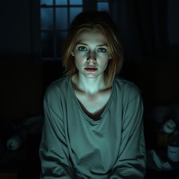 A pale and sickly looking young woman sitting on a couch in a dimly lit room