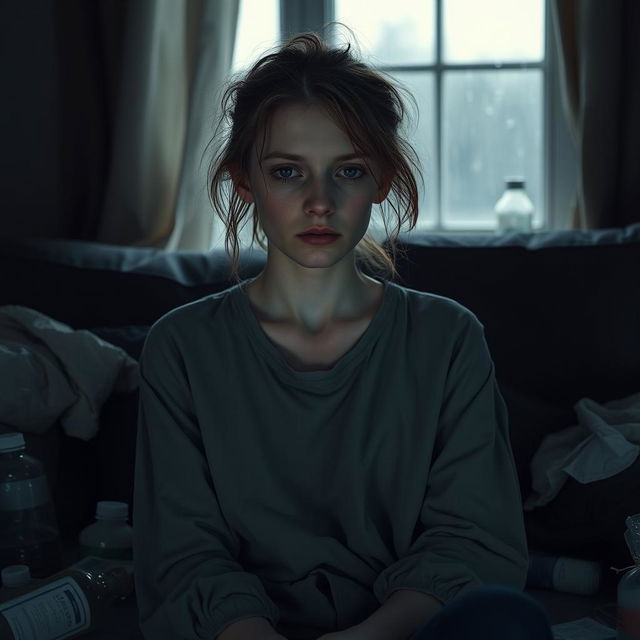 A pale and sickly looking young woman sitting on a couch in a dimly lit room