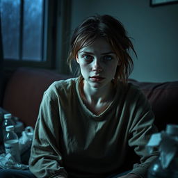A pale and sickly looking young woman sitting on a couch in a dimly lit room