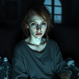 A pale and sickly looking young woman sitting on a couch in a dimly lit room