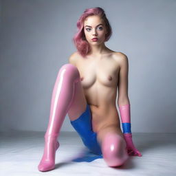 A high resolution, realistic photograph taken with a Nikon camera, portraying a young woman in latex transparent pink socks and an alluring nude look