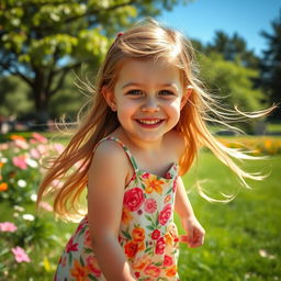 A beautiful young girl with smooth armpits, playing in a sunlit park