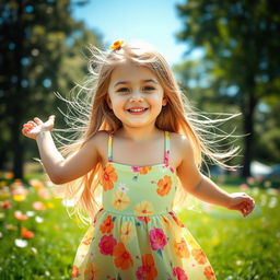 A beautiful young girl with smooth armpits, playing in a sunlit park