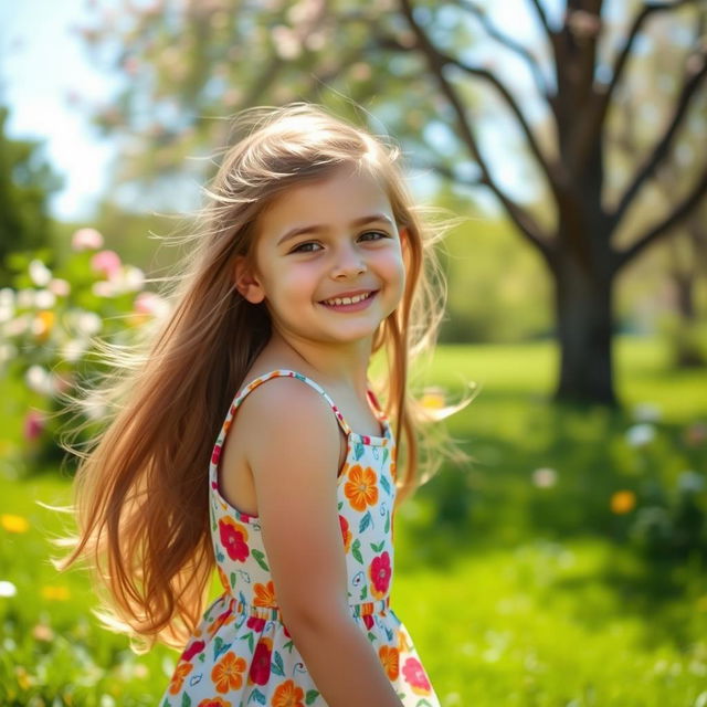 A beautiful young girl with smooth armpits, playing in a sunlit park