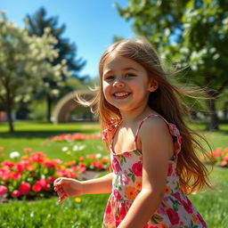A beautiful young girl with smooth armpits, playing in a sunlit park