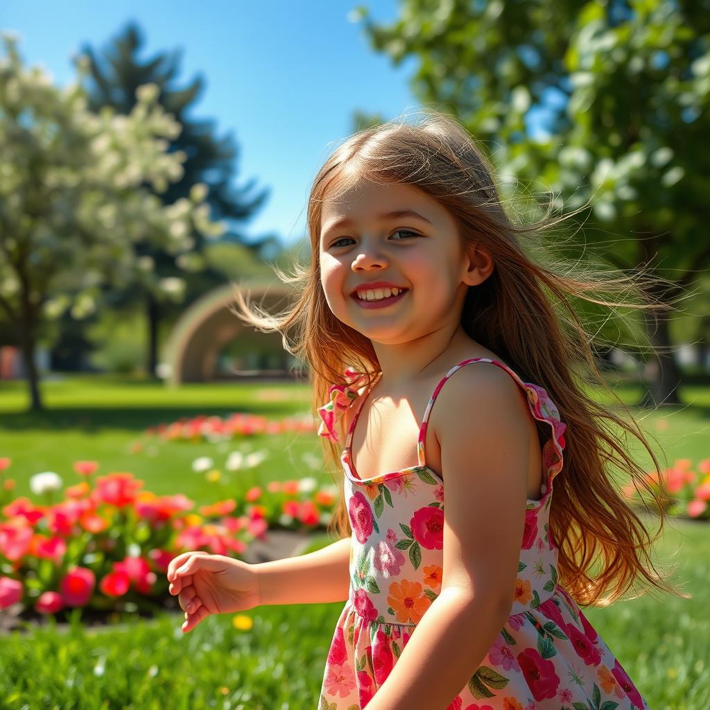 A beautiful young girl with smooth armpits, playing in a sunlit park
