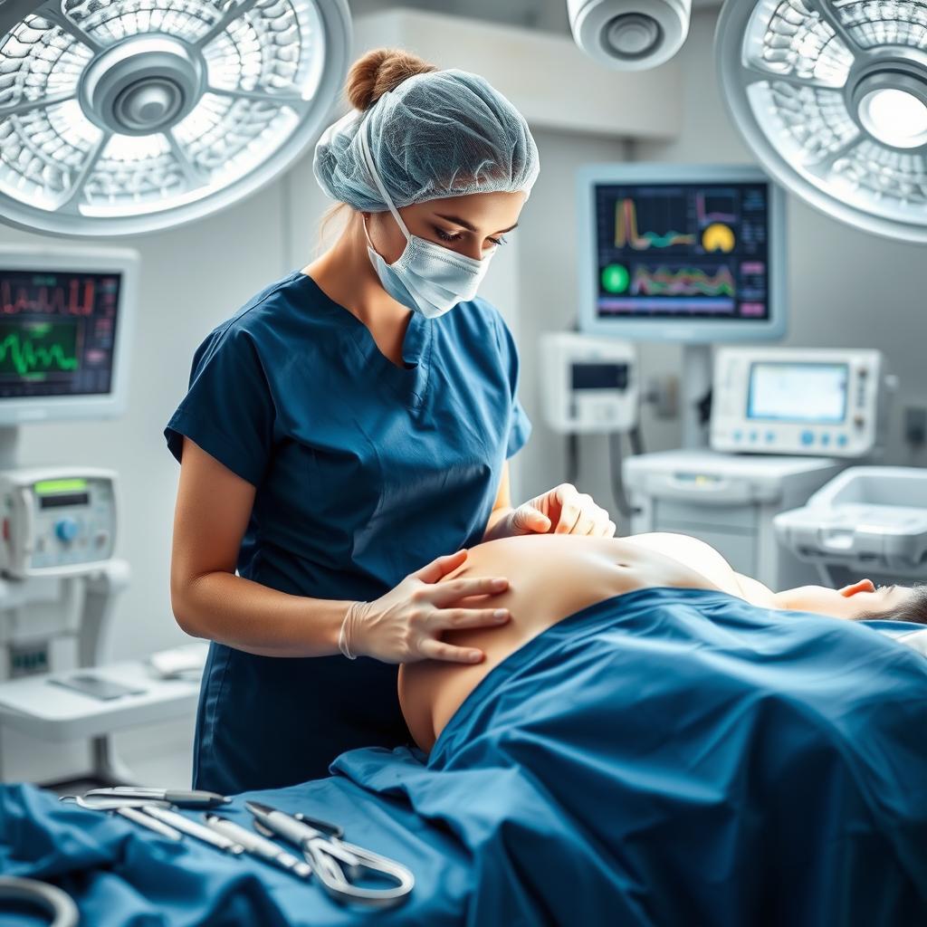A skilled female surgeon in a modern operating room, meticulously performing surgery on a woman's abdomen