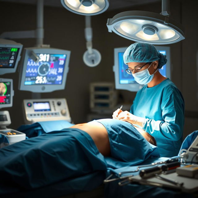 A skilled female surgeon in a modern operating room, meticulously performing surgery on a woman's abdomen
