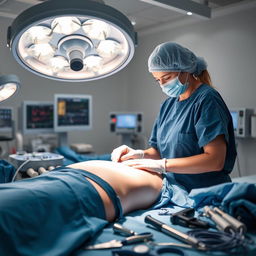 A skilled female surgeon in a modern operating room, meticulously performing surgery on a woman's abdomen