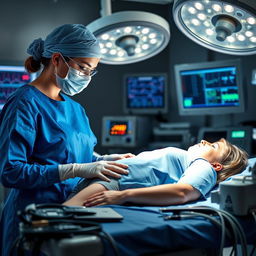 A skilled female surgeon in a modern operating room, meticulously performing surgery on a woman's abdomen
