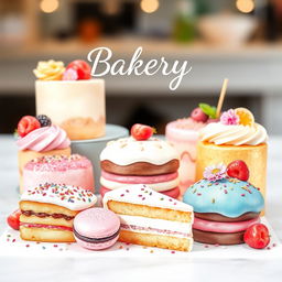 A beautifully arranged display of delicious desserts featuring an assortment of colorful pastries, cakes, and macarons, all artistically painted in soft watercolor style
