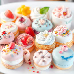 A beautifully arranged display of delicious desserts featuring an assortment of colorful pastries, cakes, and macarons, all artistically painted in soft watercolor style